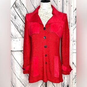 Elaris Cardigan Sweater Faux Suede Trim Red Size  L